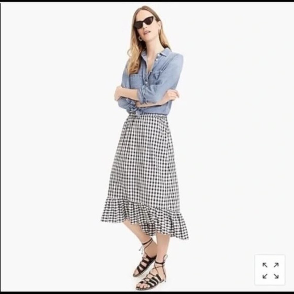 J Crew Navy and White Gingham Midi Ruffle Skirt - size S